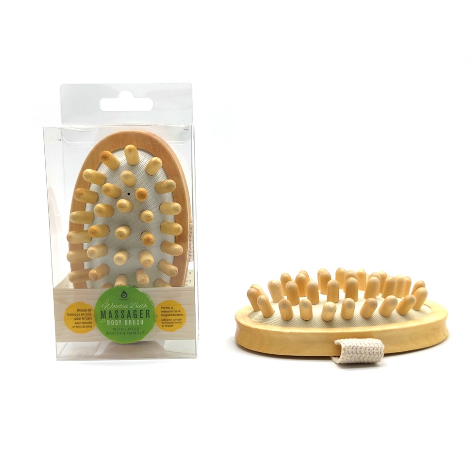 Pursonic Boar Bristle Bath Brush & Rubber Massager with Lotus Wooden Handle