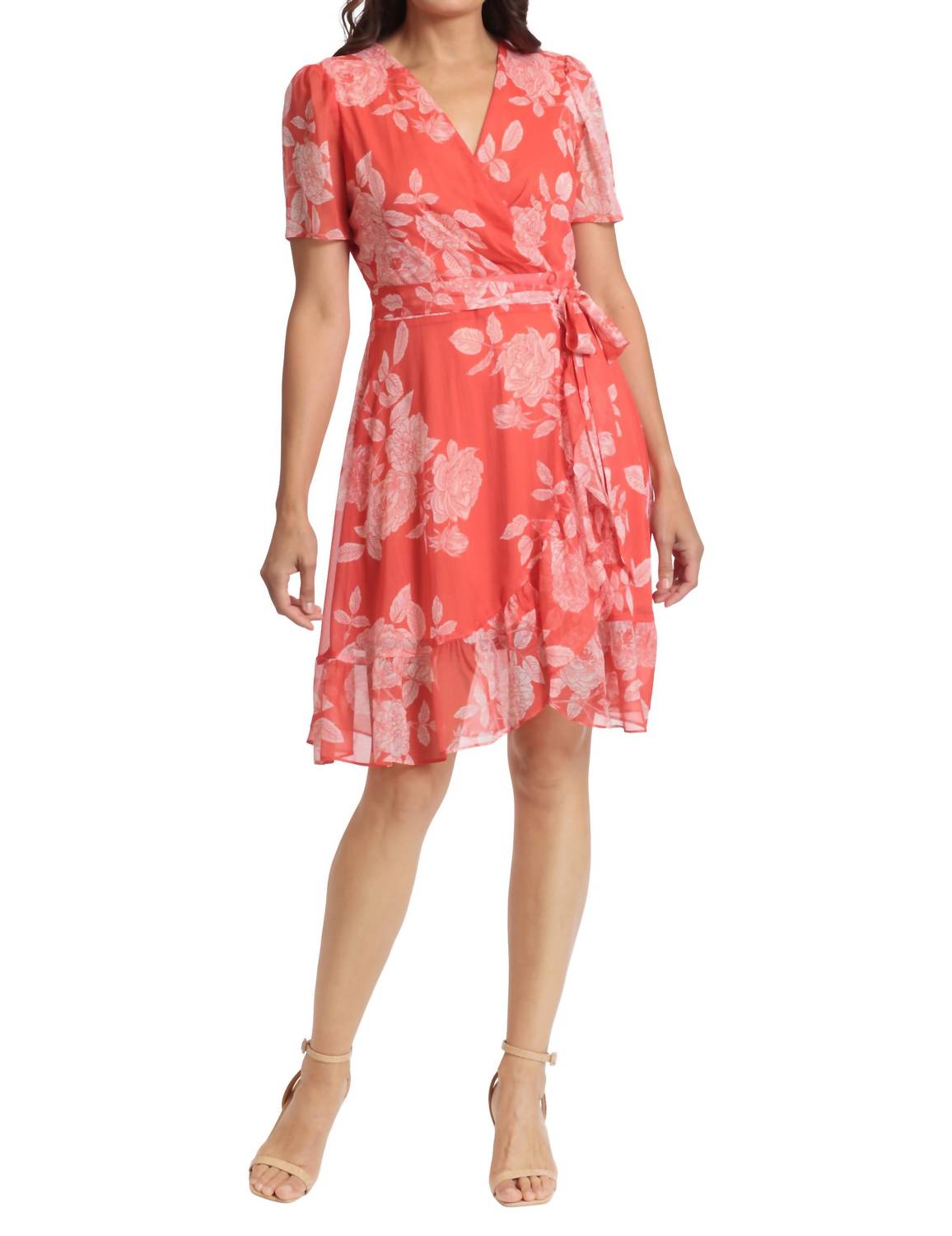 Floral Print Wrap Dress In Tangerine