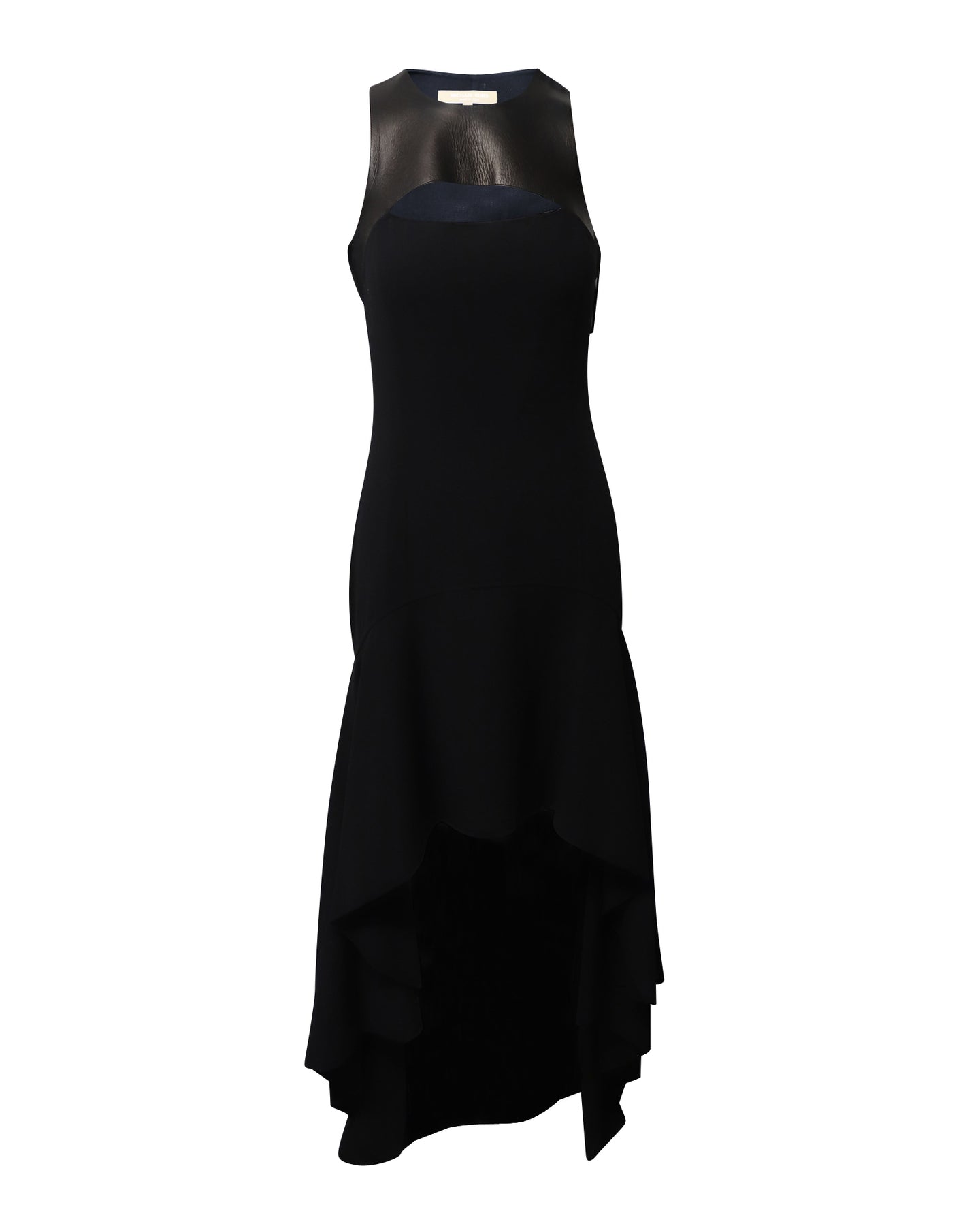Michael Kors Halter Mullet Hem Evening Dress in Black Wool and Leather
