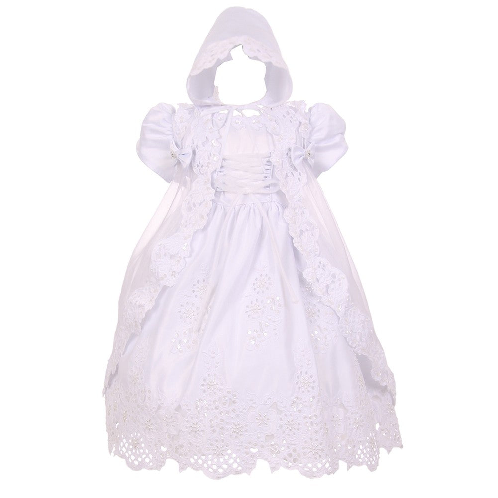 White Puff Sleeve Sequin Pearl Baptism Dress Girls 6M-4T