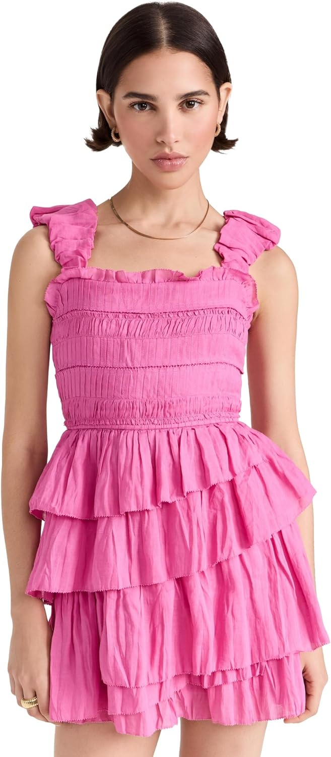 Sea Ny Cole Smocked Ramie Sleeveless Tiered Dress, Pink