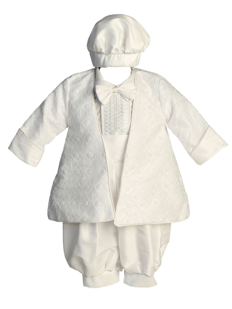 Boys White Embroidered Tie Accent Christening Outfit, Sizes 0-3