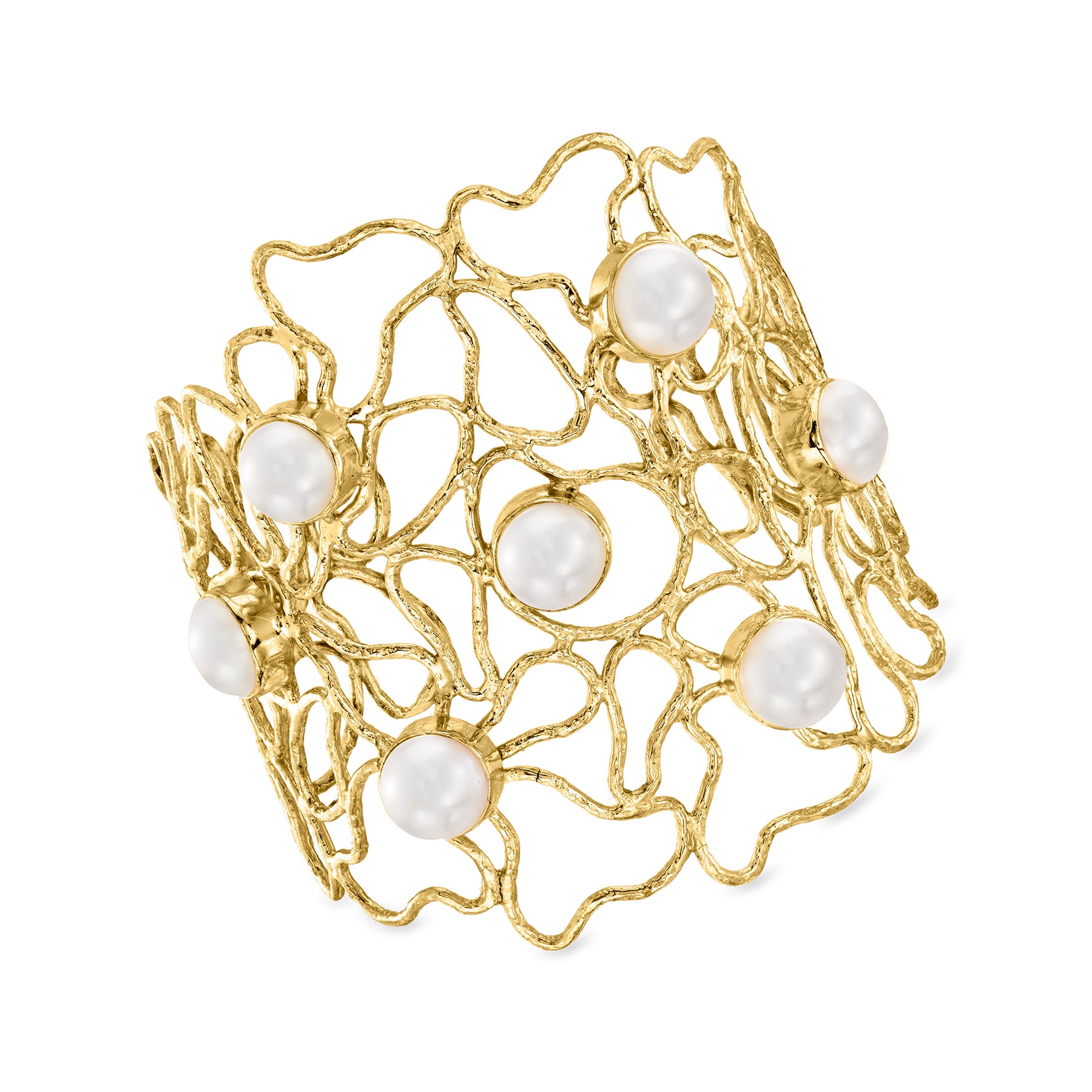 Ross-Simons 10mm Cultured Pearl Openwork Cuff Bracelet in 18kt Gold Over Sterling 7748580933692