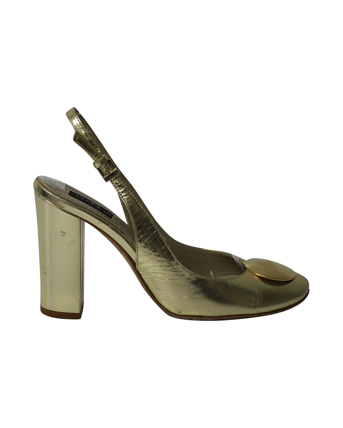 Etro Block Heel Metallic Slingback Pumps in Gold Leather