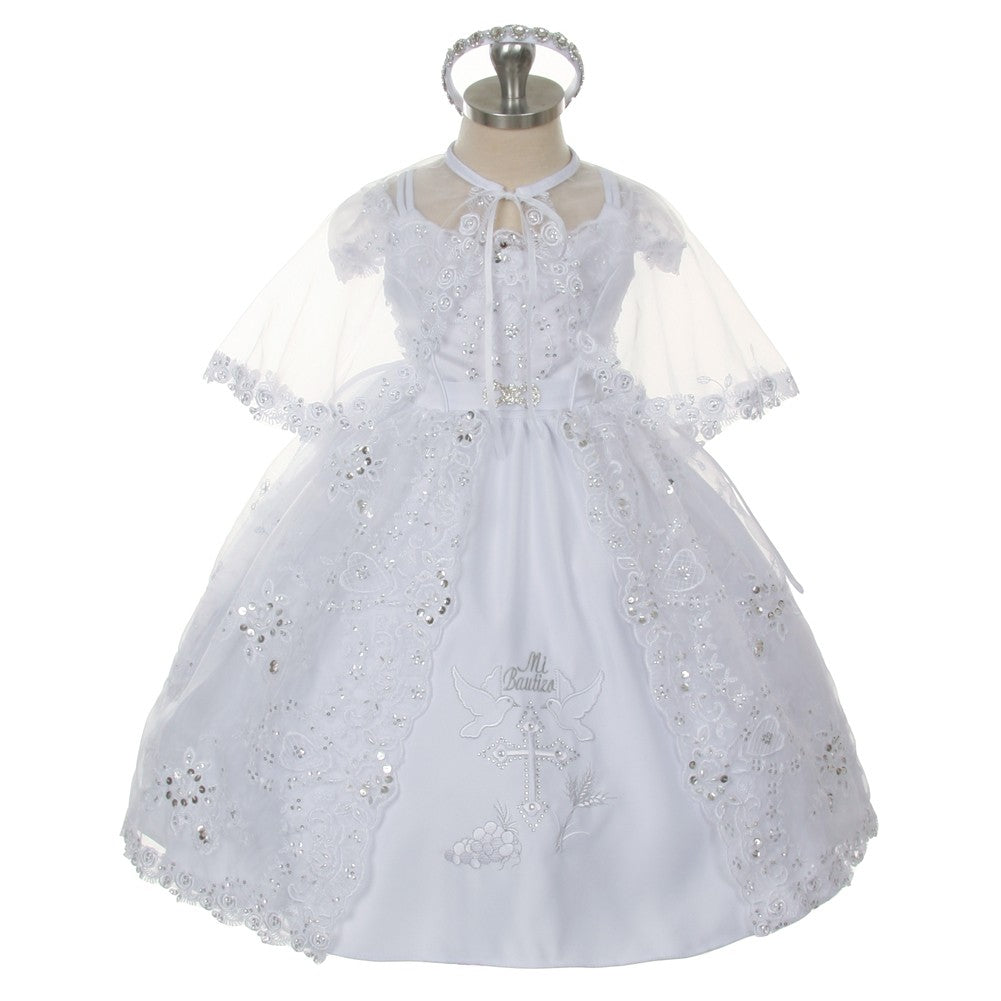 Baby Girls White Embroidered Brooch Headband Cape Baptism Dress 6-24M