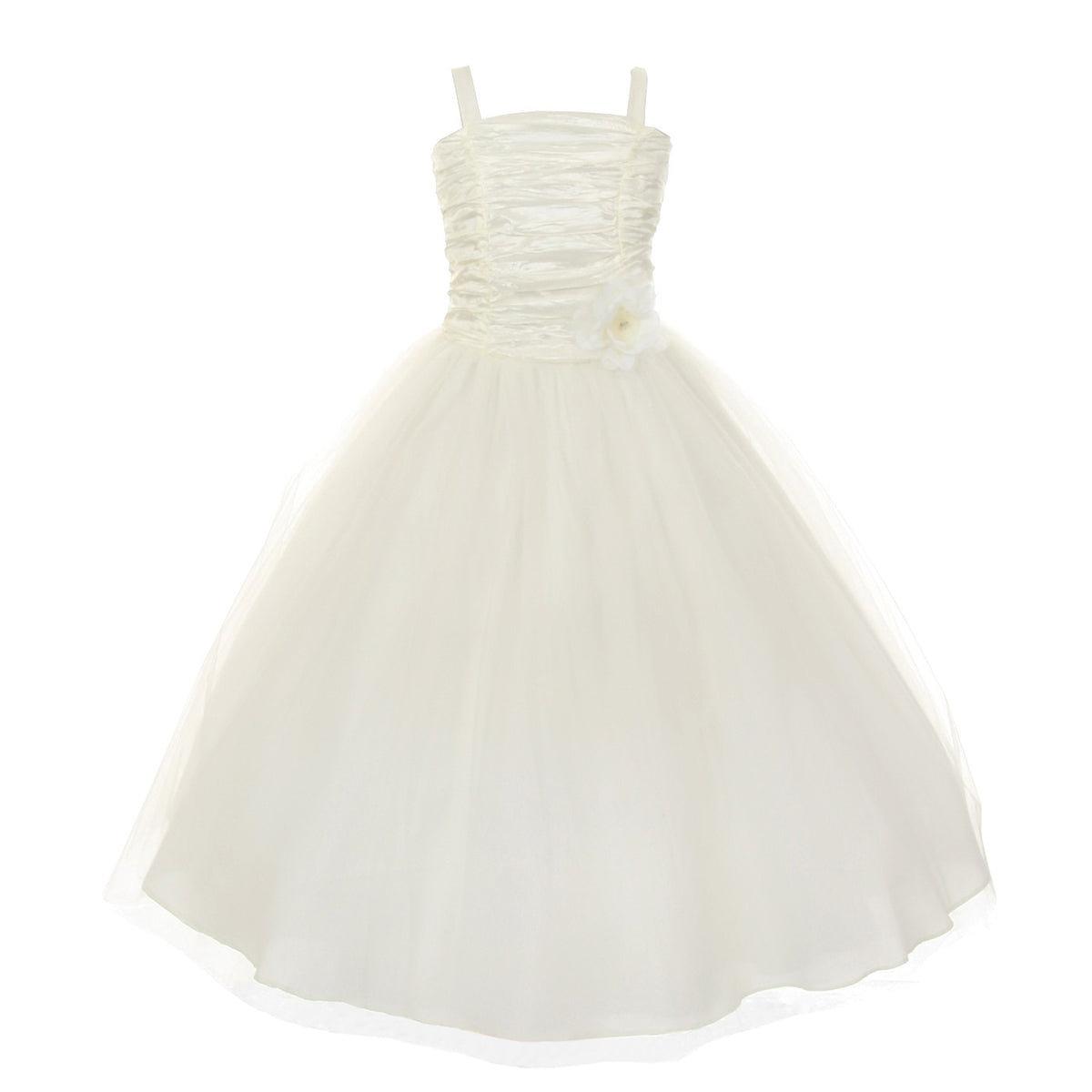 Big Girls Ivory Crinkled Bodice Floral Adorned Tulle Flower Girl Dress 8-16