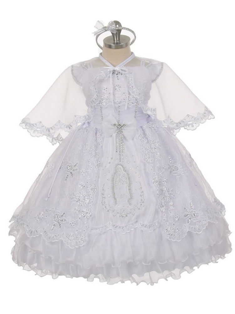 Little Girls White Virgin Mary Ruffles Organza Cape Baptism Dress 2-6