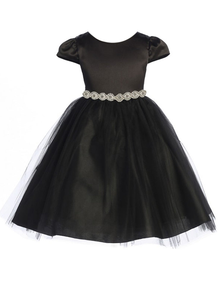 Big Girls Black Cap Sleeve Satin Tulle Junior Bridesmaid Dress 8-14