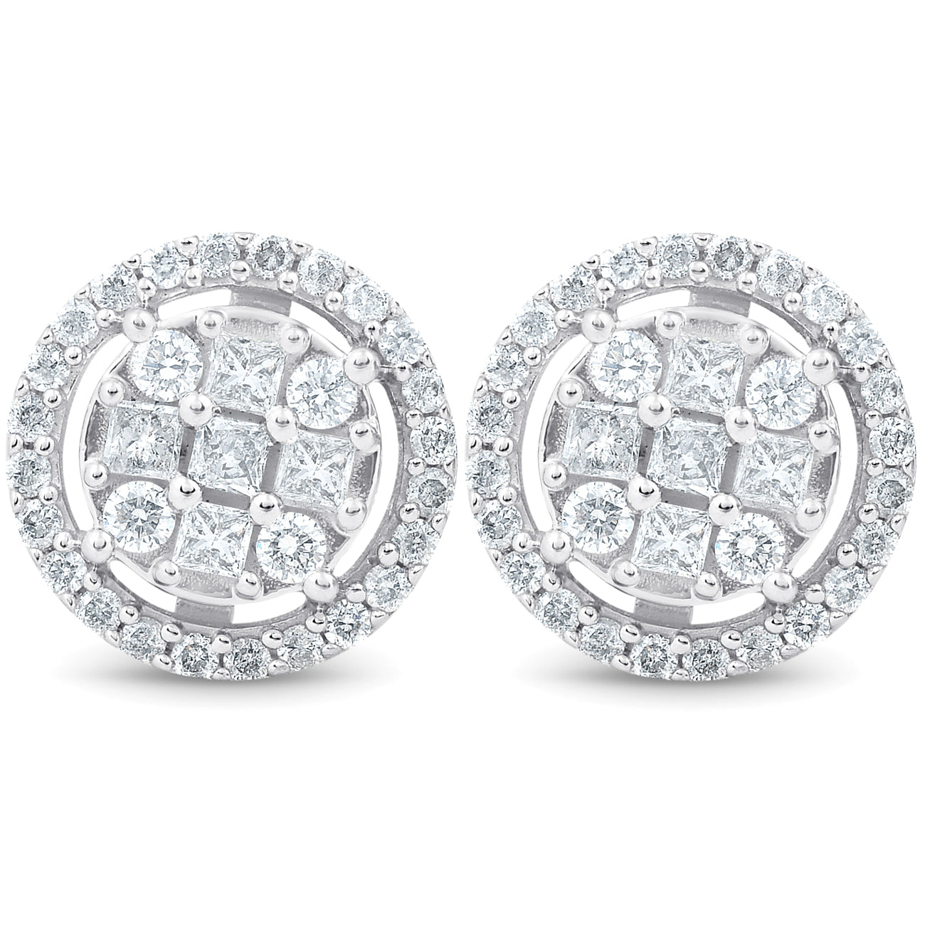 5/8 cttw Princess Cut Diamond Halo Screw Back Studs 10K White Gold 9.5MM