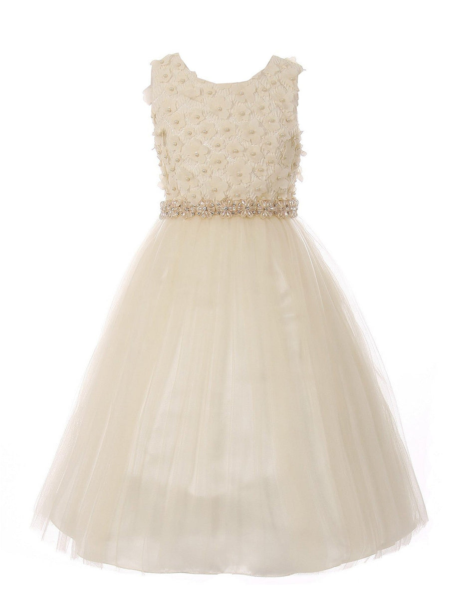 Big Girls Champagne Pearl 3D Floral Accents Tulle Junior Bridesmaid Dress 8-12