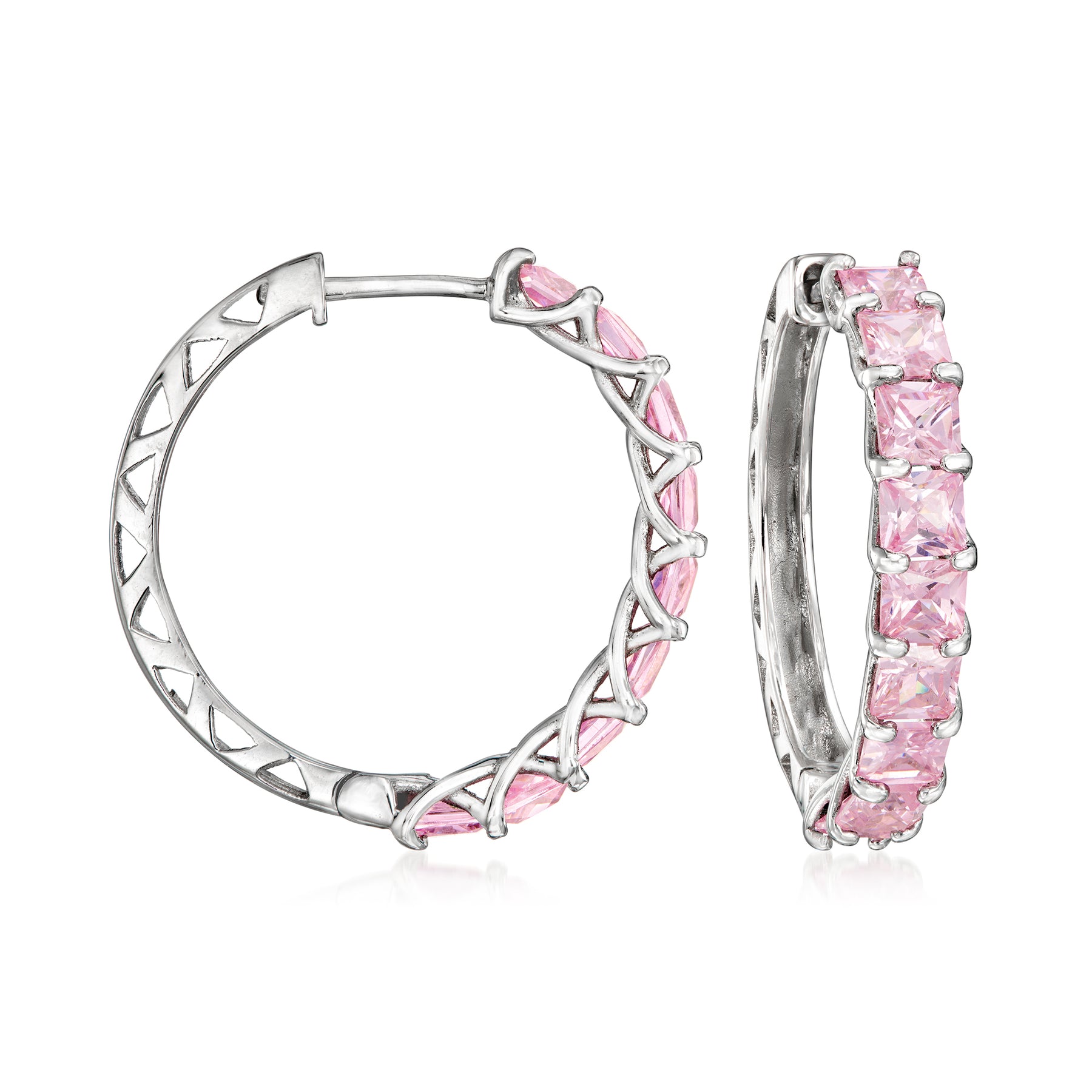 Ross-Simons Simulated Pink Sapphire Hoop Earrings in Sterling Silver