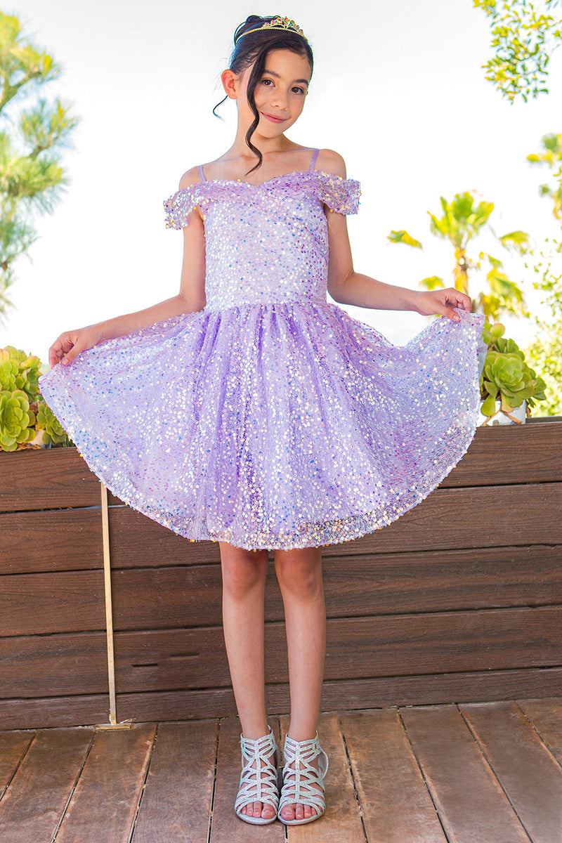 Girls Lilac Rainbow Sequin Off Shoulder Short Party Dress, Size 8