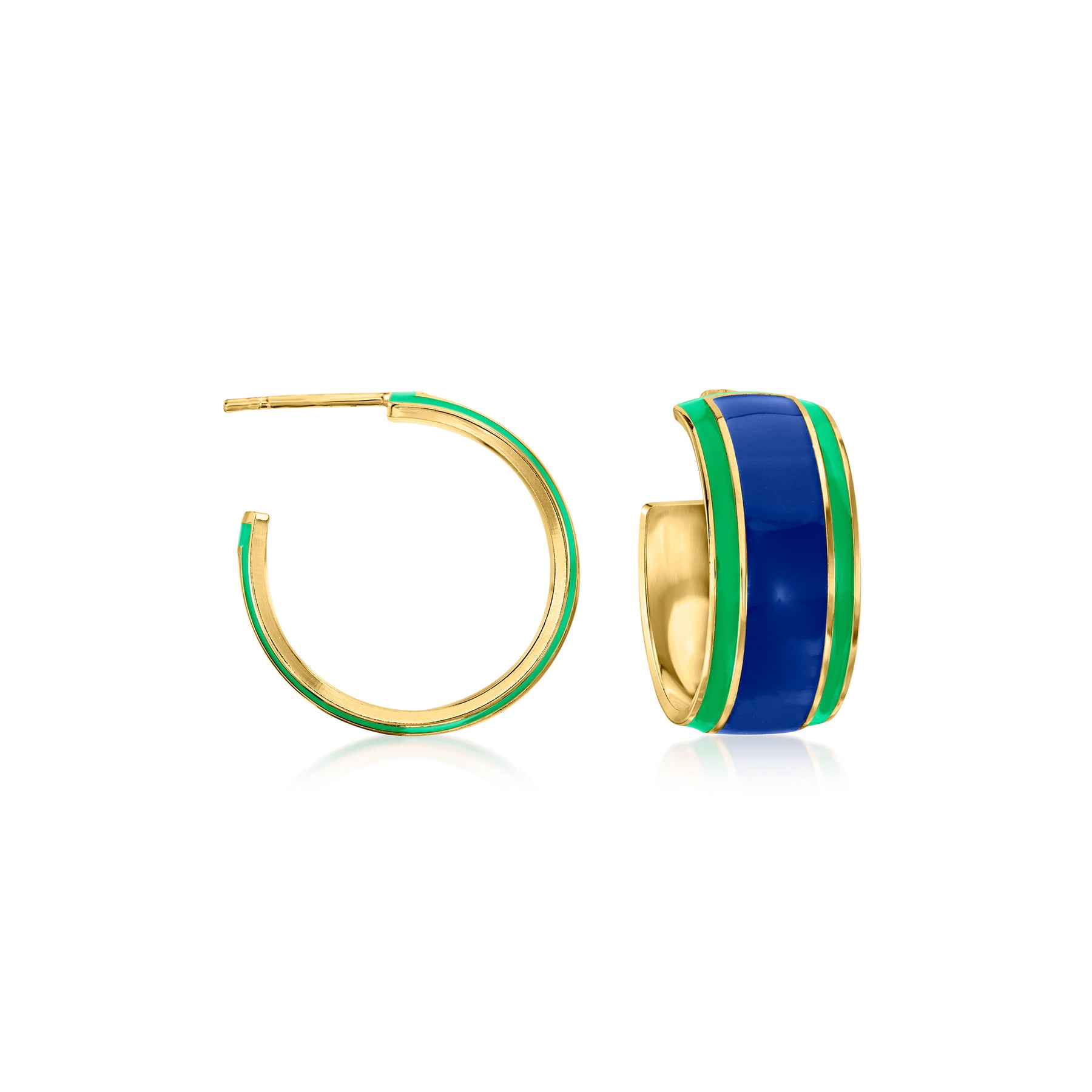 Ross-Simons Italian Blue and Green Enamel Hoop Earrings in 18kt Gold Over Sterling