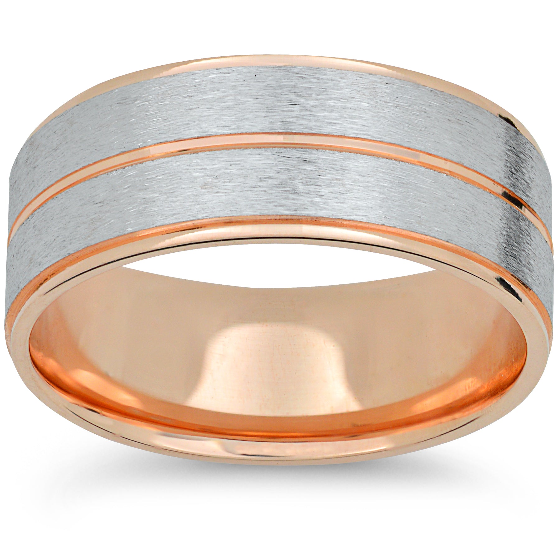 Mens 14k Rose & White Gold Two Tone Brushed Wedding Band