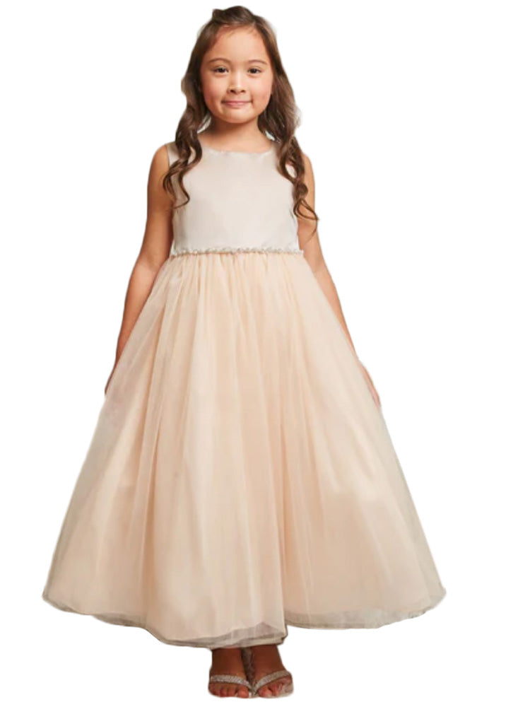 Big Girls Blush Satin Top Wavy Rhinestone Pearl Trim Dress 8-14