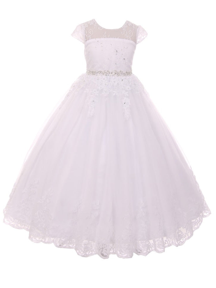 Big Girls White Illusion Beaded Lace Tulle Communion Dress, Sizes 7-24