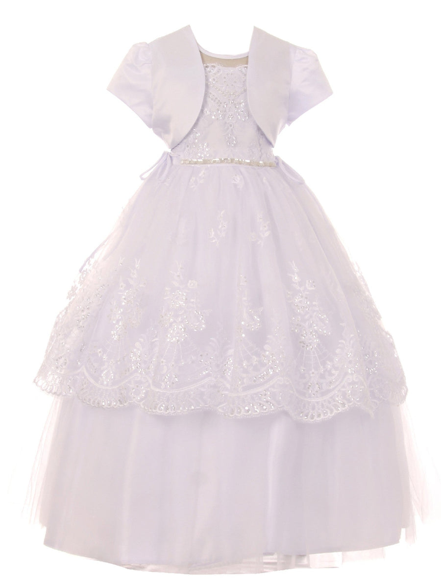 Big Girls White Pearl Sequin Floral Lace Tulle Satin Bolero Communion Dress 16