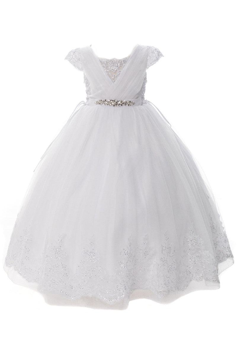 Girls White Beaded Lace Cap Sleeve Plus Size Communion Dress 20.5