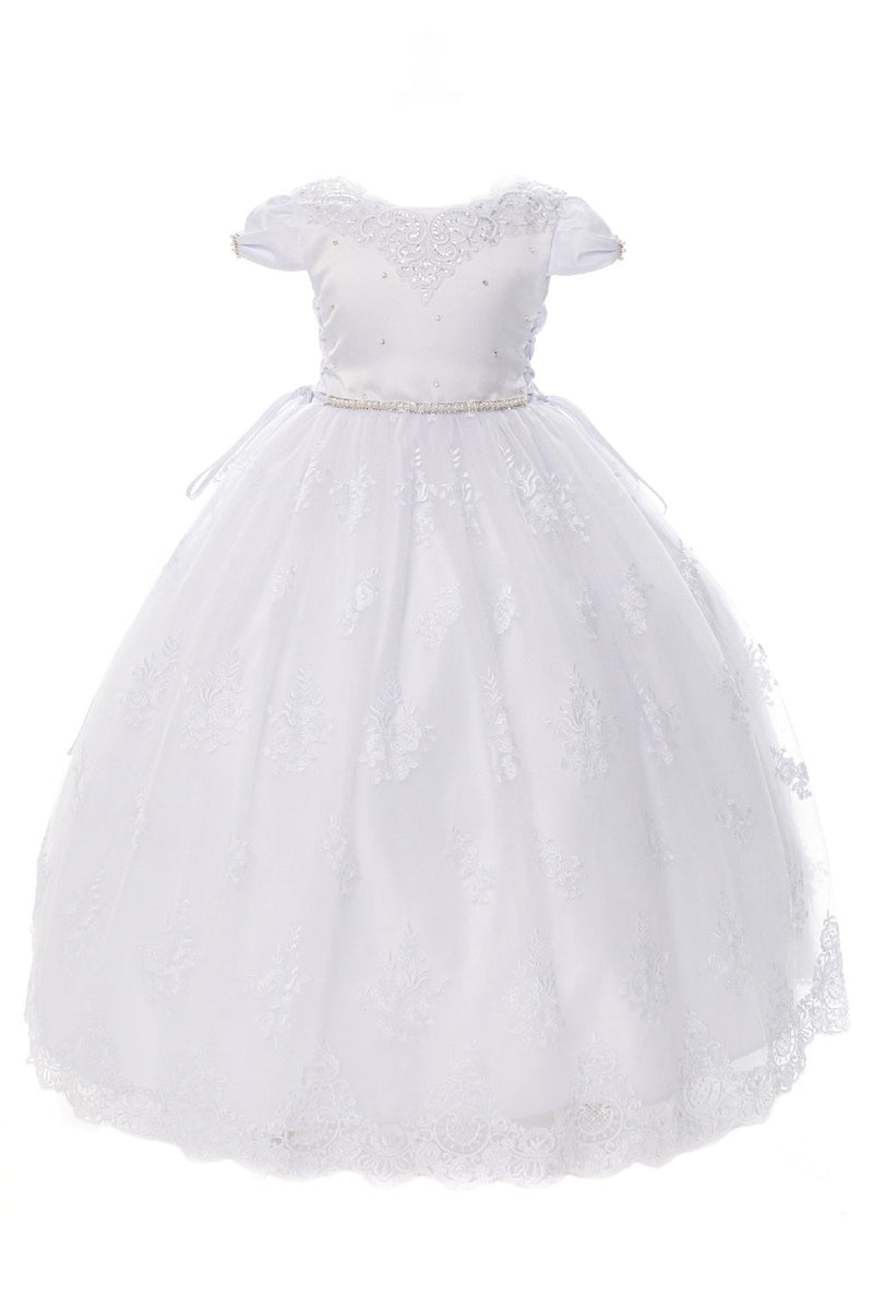Girls White Cap Sleeve Beaded Trim Plus Size Communion Dress 20.5
