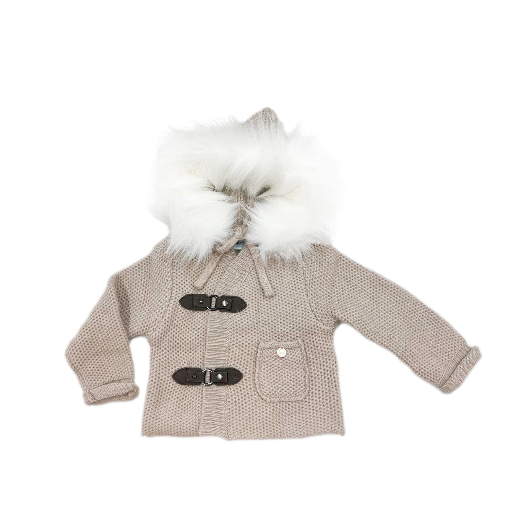 Honeycomb Beige Cashmere Pram Coat with Faux Fur Trim 7745597767740