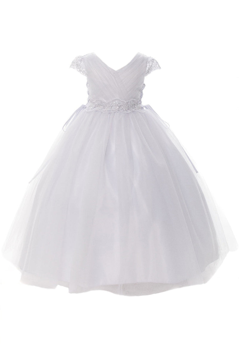 Girls White Cap Sleeve Floral Trim Plus Size Communion Dress, Sizes 14.5-18.5