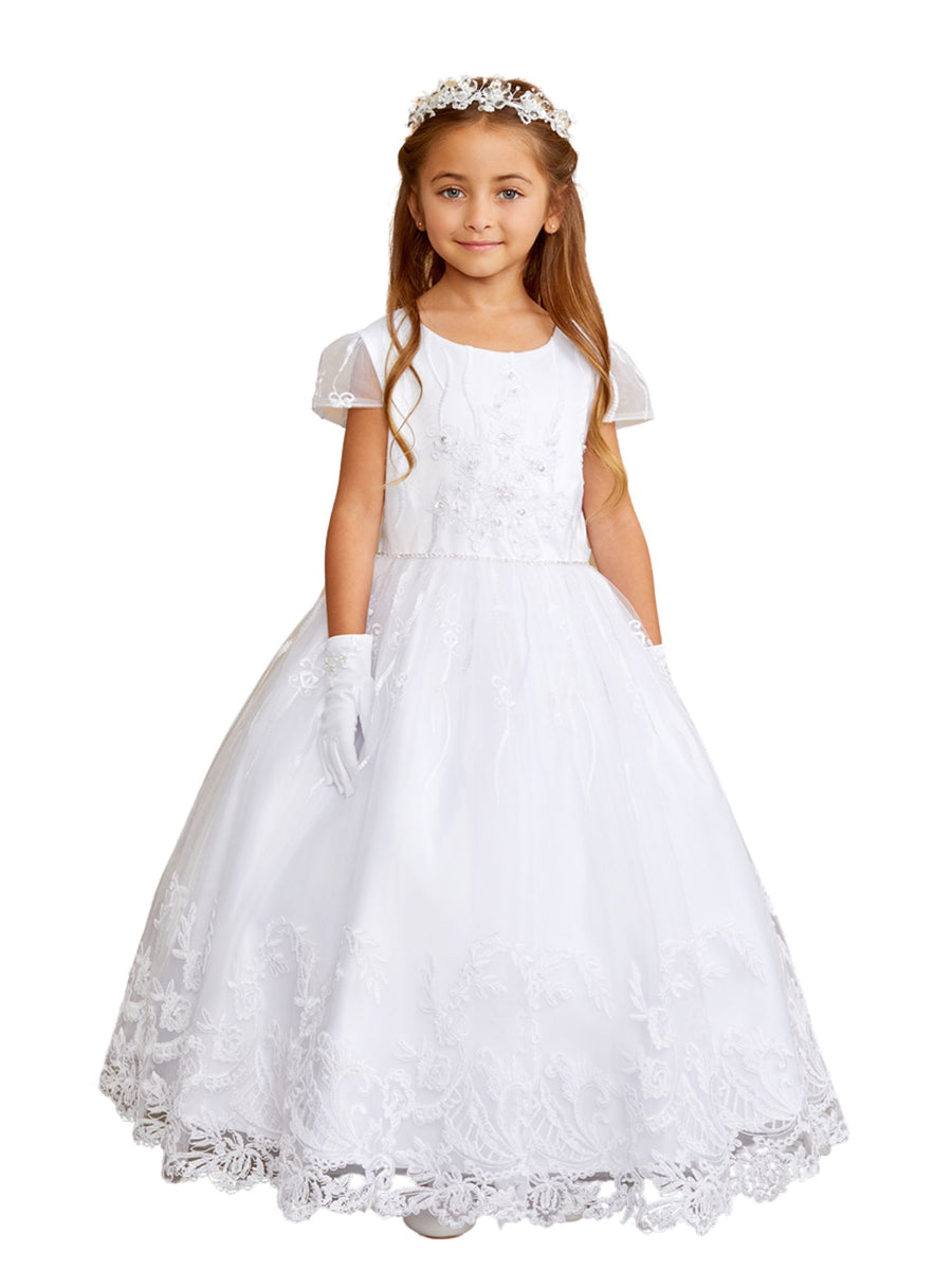 Girls White Floral Lace Applique Communion Dress, Sizes 7-18