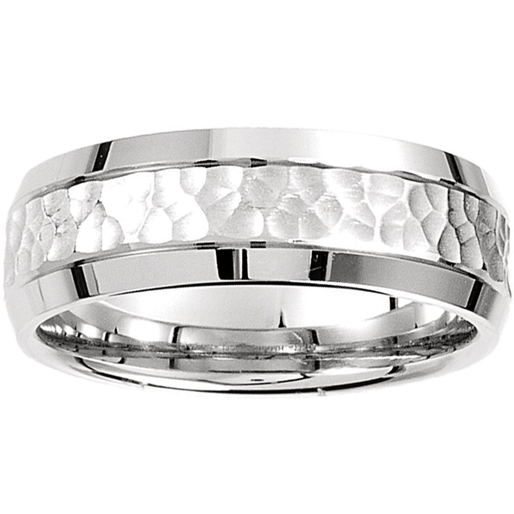 Mens 14k White Gold Hammered Beveled Edge 7MM Wedding Band Ring 7802592100412
