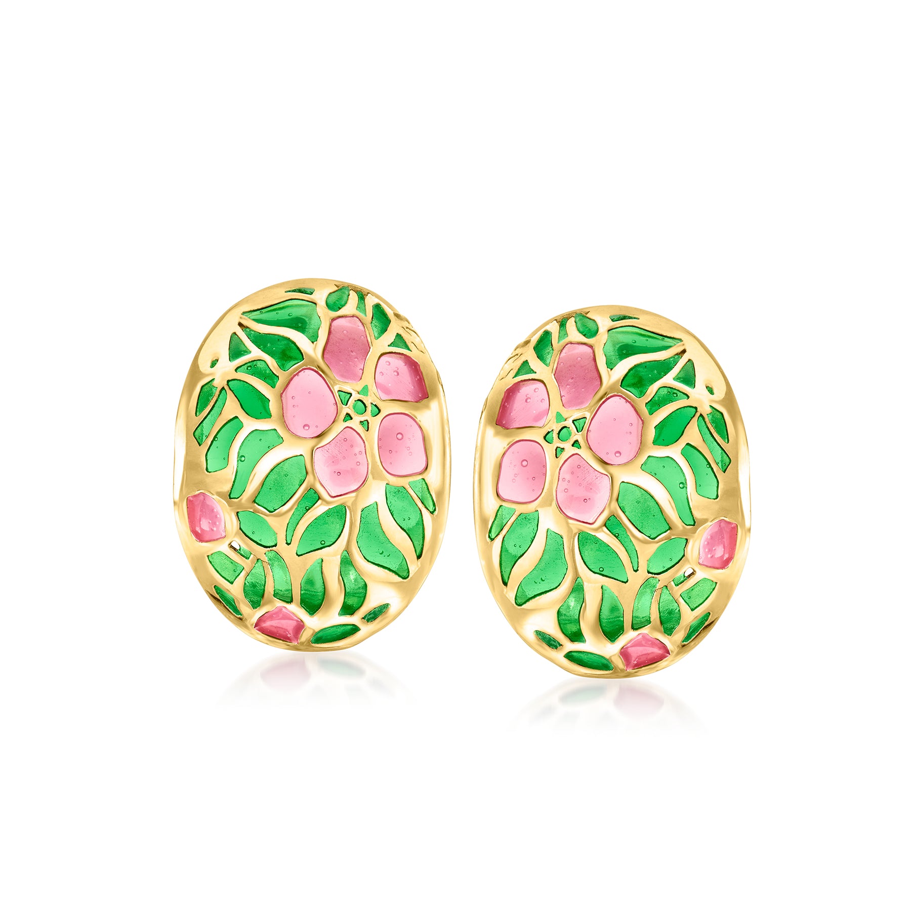 Ross-Simons Italian Pink and Green Enamel Floral Earrings in 14kt Yellow Gold