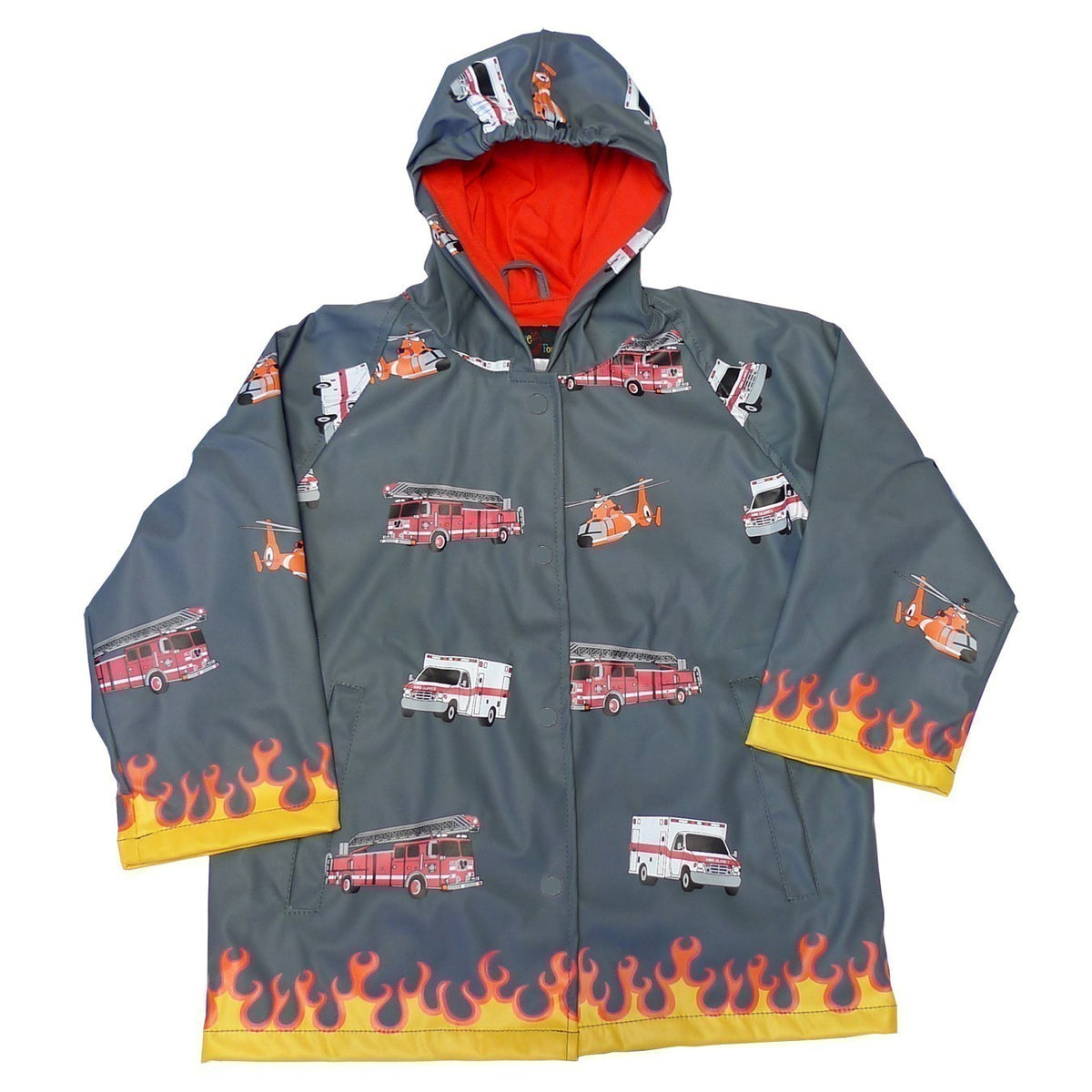 Big Boys Grey Fire Truck Print Hooded Raincoat 8-10