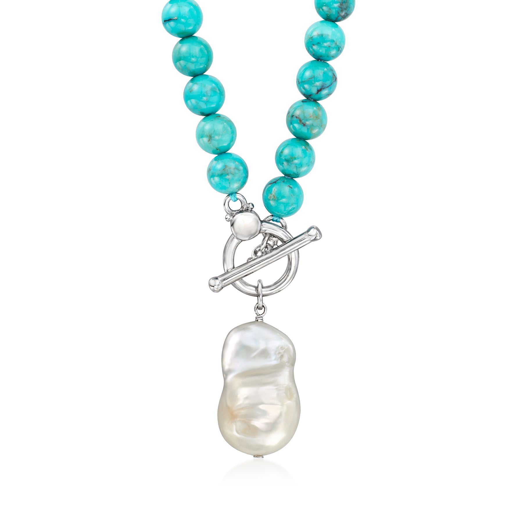 Ross-Simons 12-13mm Cultured Baroque Pearl and 6mm Turquoise Bead Necklace With Sterling Silver