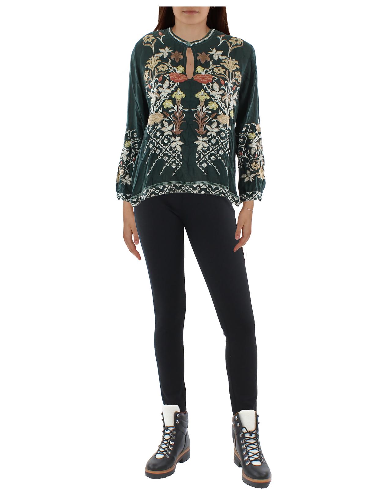 Frankie Womens Embroidered Split Neck Blouse