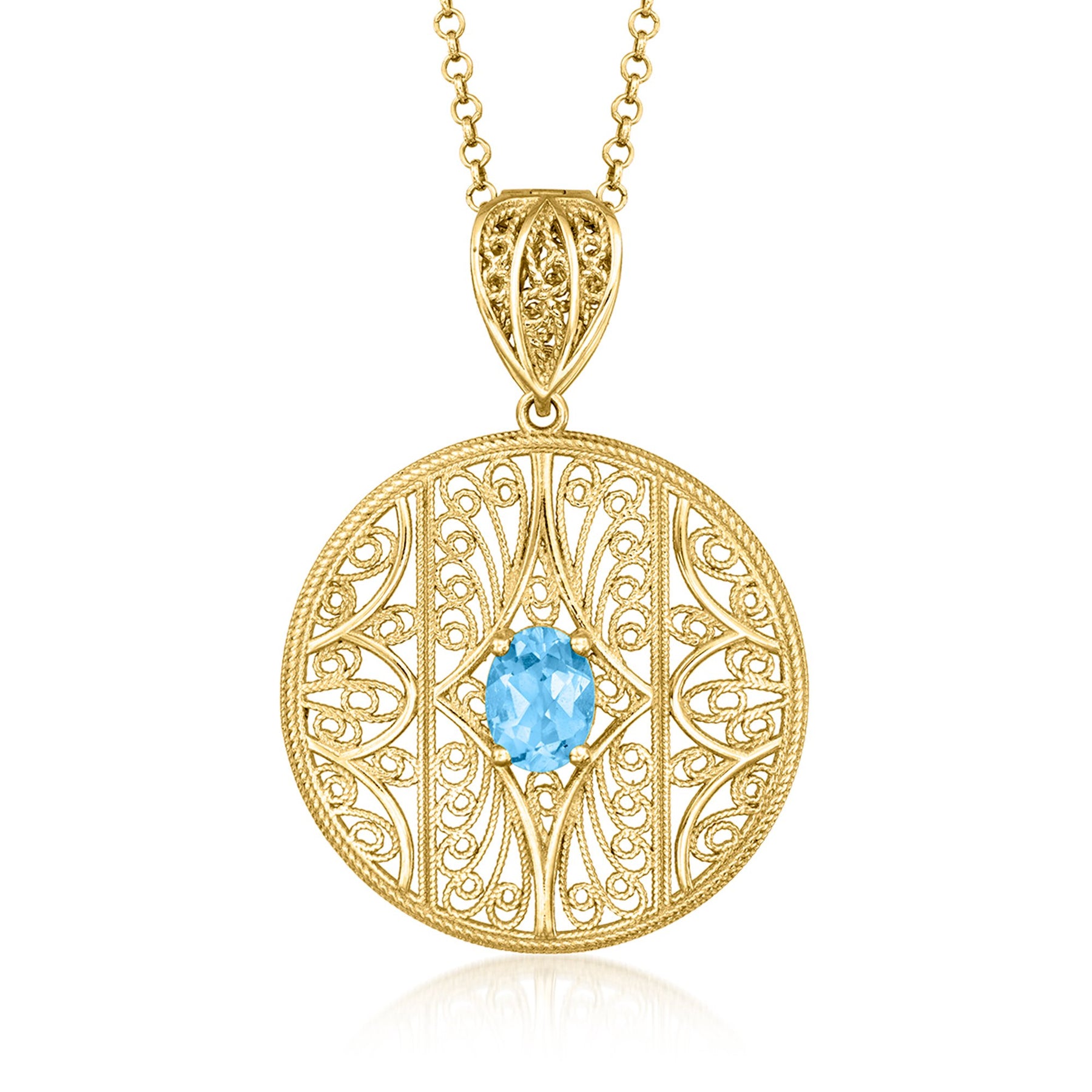 Ross-Simons Swiss Blue Topaz Filigree Pendant Necklace in 18kt Gold Over Sterling