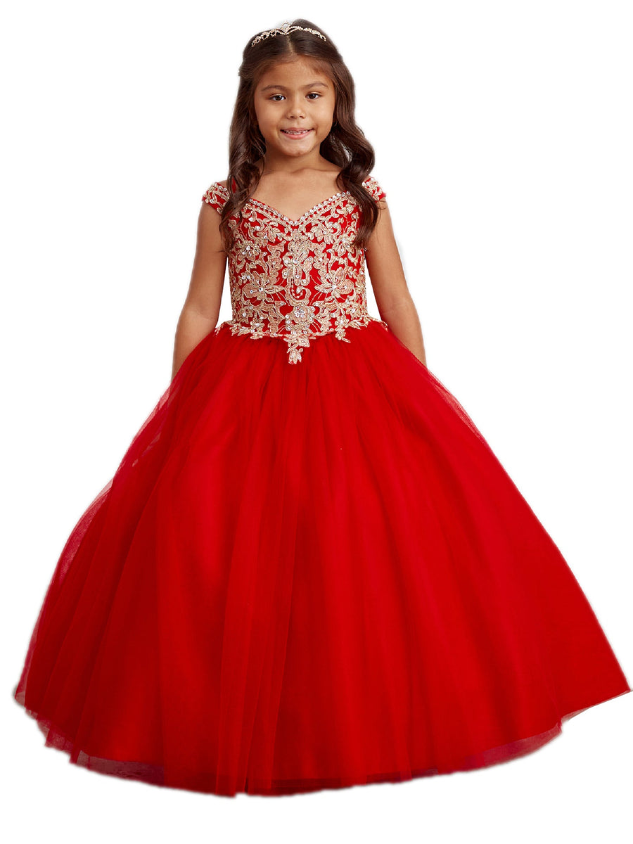 Girls Red Off Shoulder Metallic Lace Tulle Pageant Dress 4