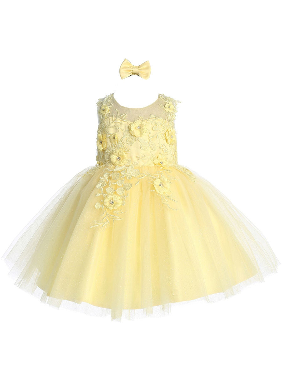 Baby Girls Yellow 3D Floral Applique Special Occasion Dress, Size 12M