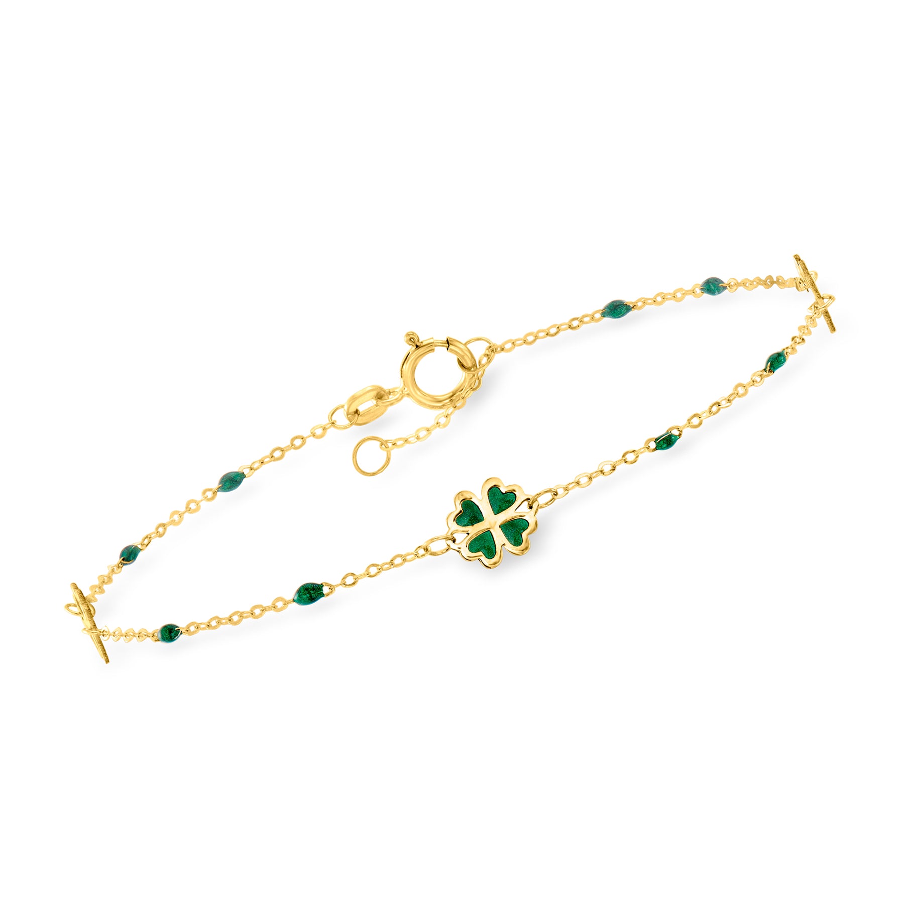 Ross-Simons Italian Green Enamel Clover Station Bracelet in 14kt Yellow Gold