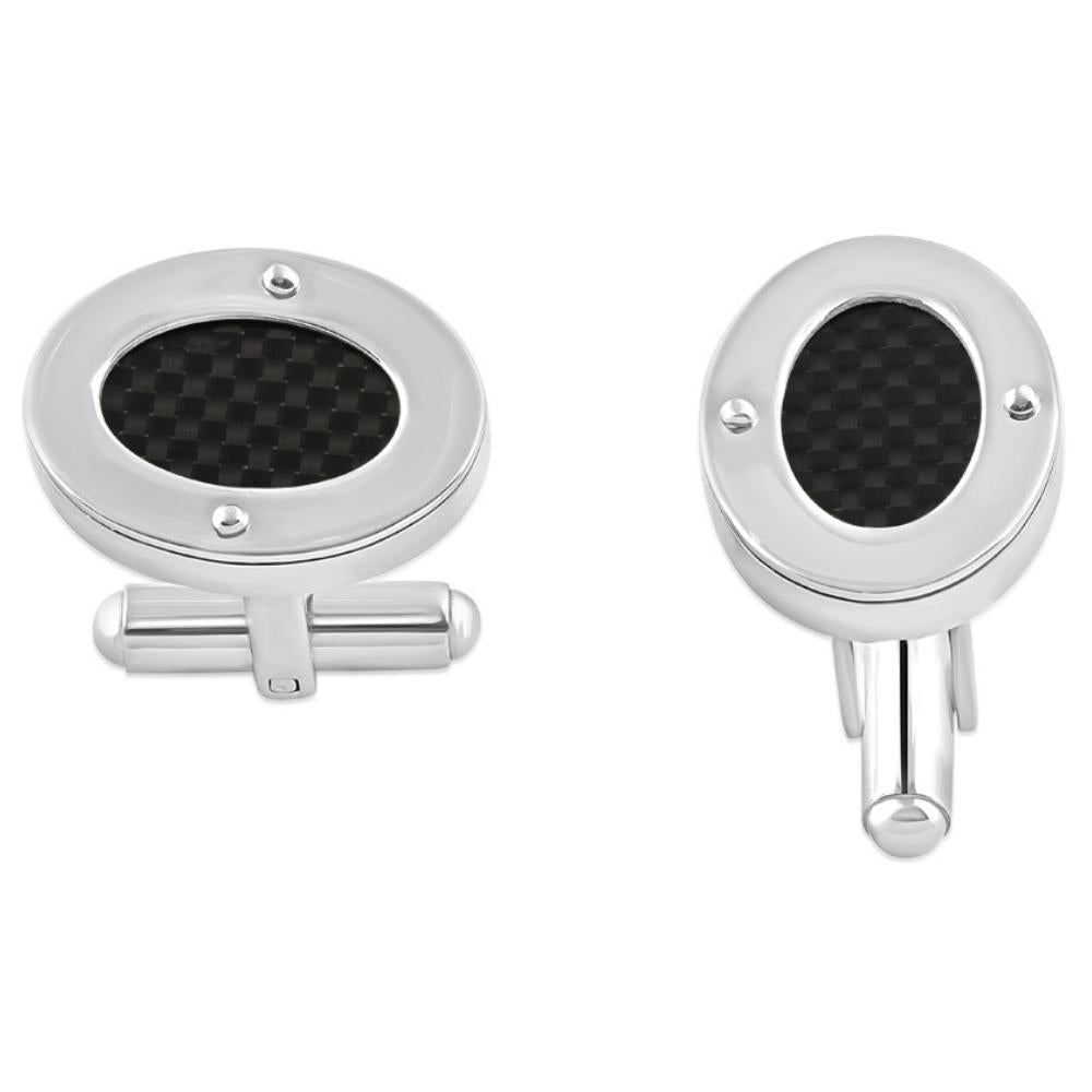 Men's Stainless Steel And Black Carbon Fiber Oval Polished Cufflink 8mm 7802587414588