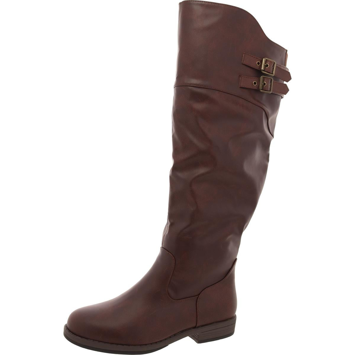 Faux Leather Buckle Knee-High Boots