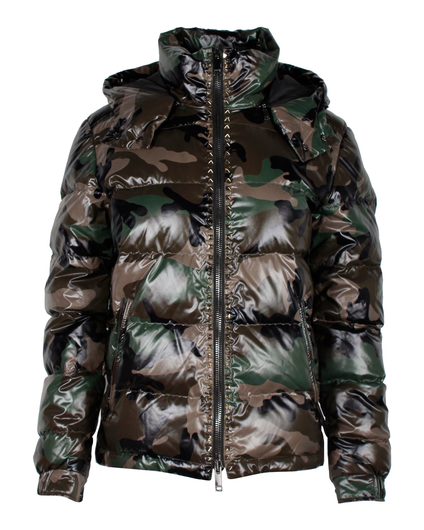 Valentino Studded Camouflage-Print Quilted Shell Hooded Down Jacket in Green Polyamide 7745769209916