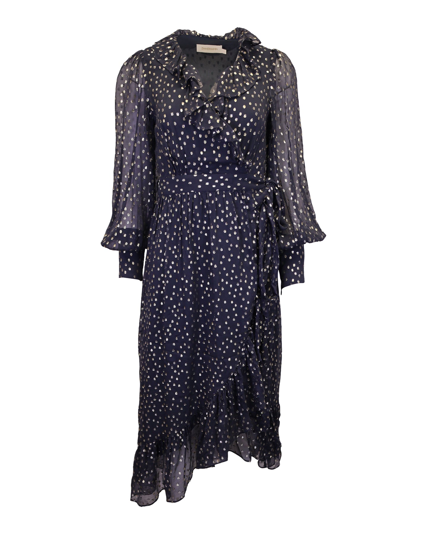 Zimmermann Ruffled Midi Dress in Metallic Navy Fil Coupé Silk-blend Chiffon