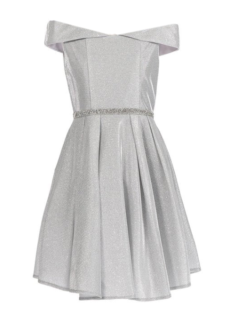 Big Girls Silver Glitter Metallic Off Shoulder Junior Bridesmaid Dress 8-14