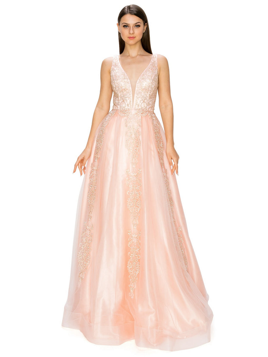 Bliss Golden Coil Lace Studded Illusion Tulle V-Neck Dress for Women, Sizes XS-3XL