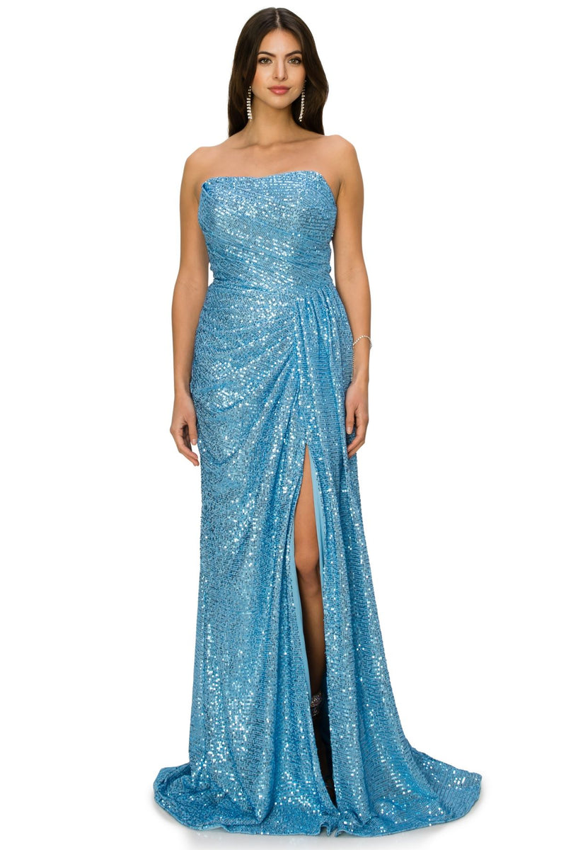Bliss Fitted Strapless Ruched Sequin Slit Gown for Women, Sizes XS-3XL