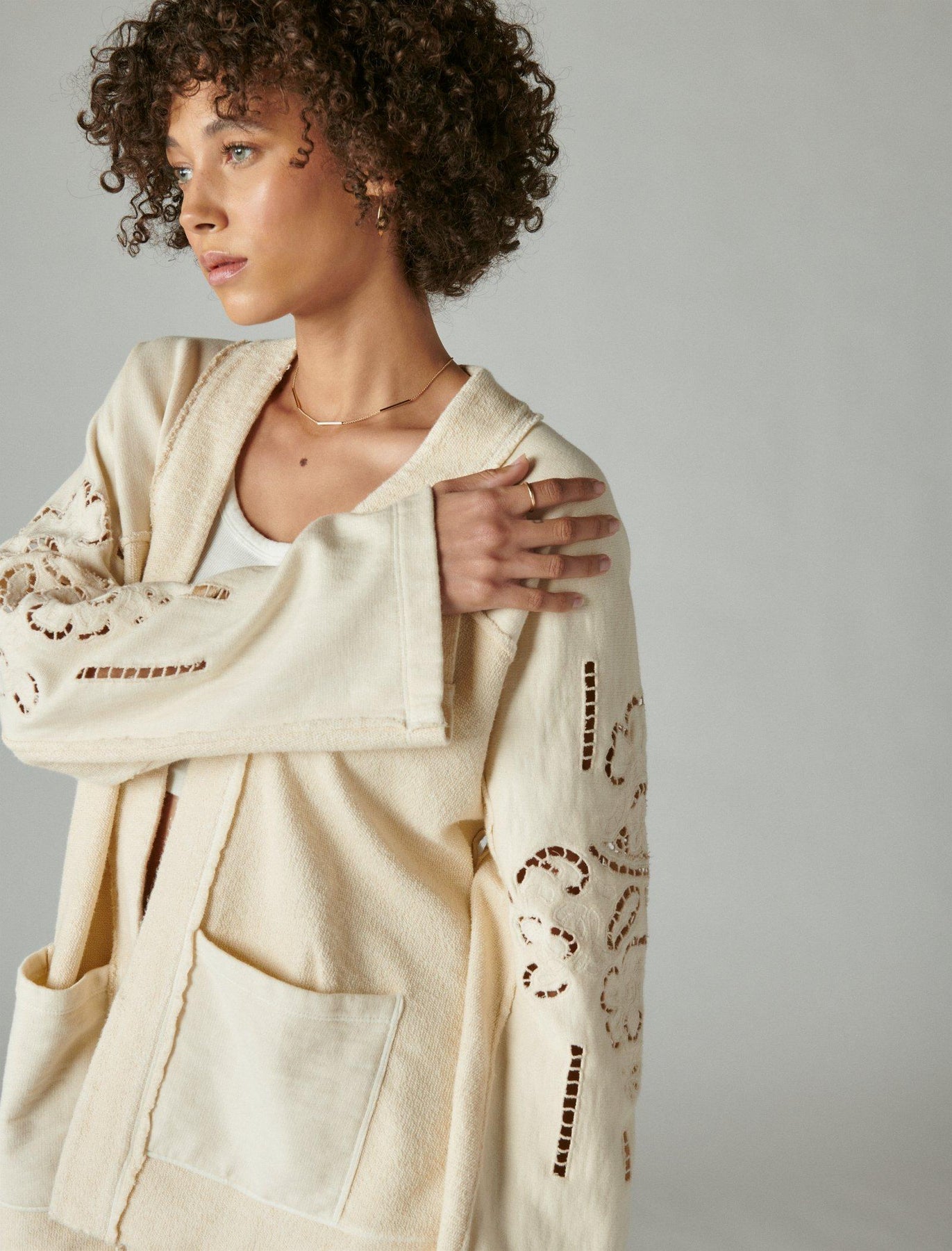 Lucky Brand Women's Fleece Cutwork Cardigan