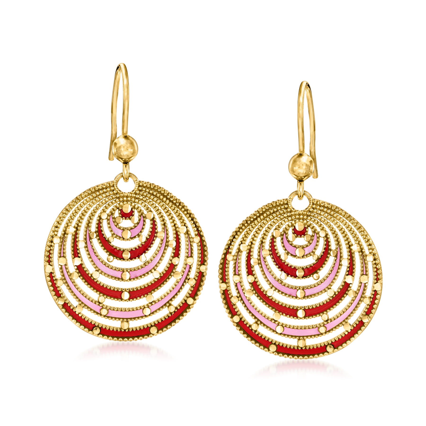 Ross-Simons Italian Pink and Red Enamel Milgrain Drop Earrings in 18kt Gold Over Sterling