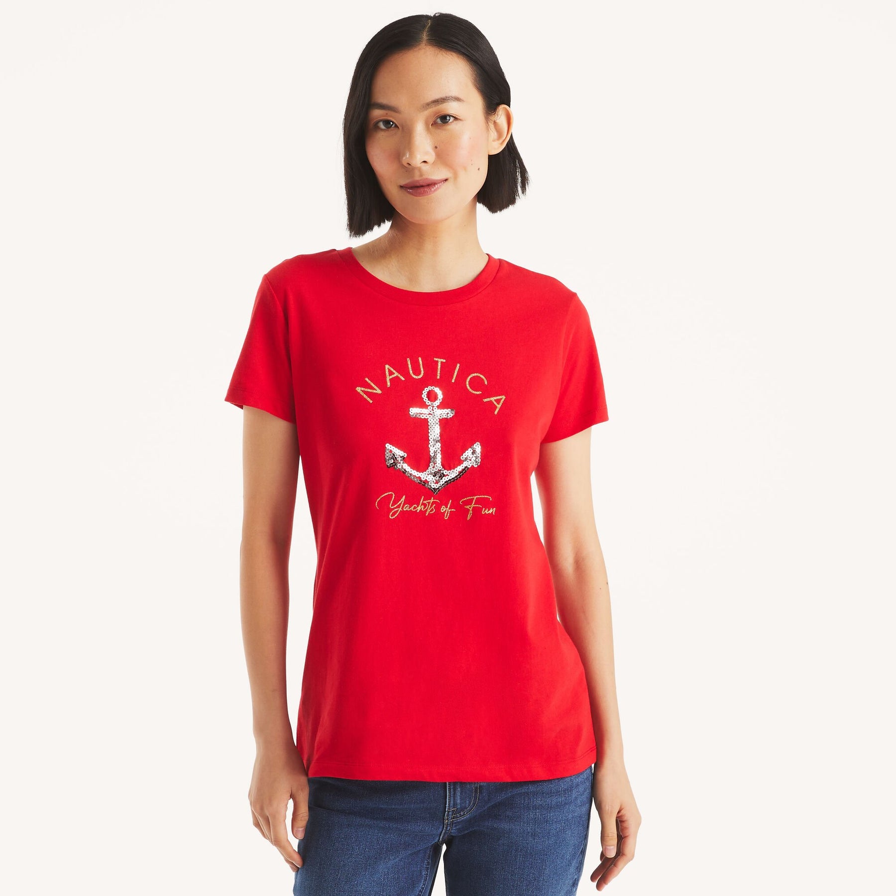 Nautica Womens Glitter Anchor Yachts Of Fun Graphic T-Shirt 7831354769468