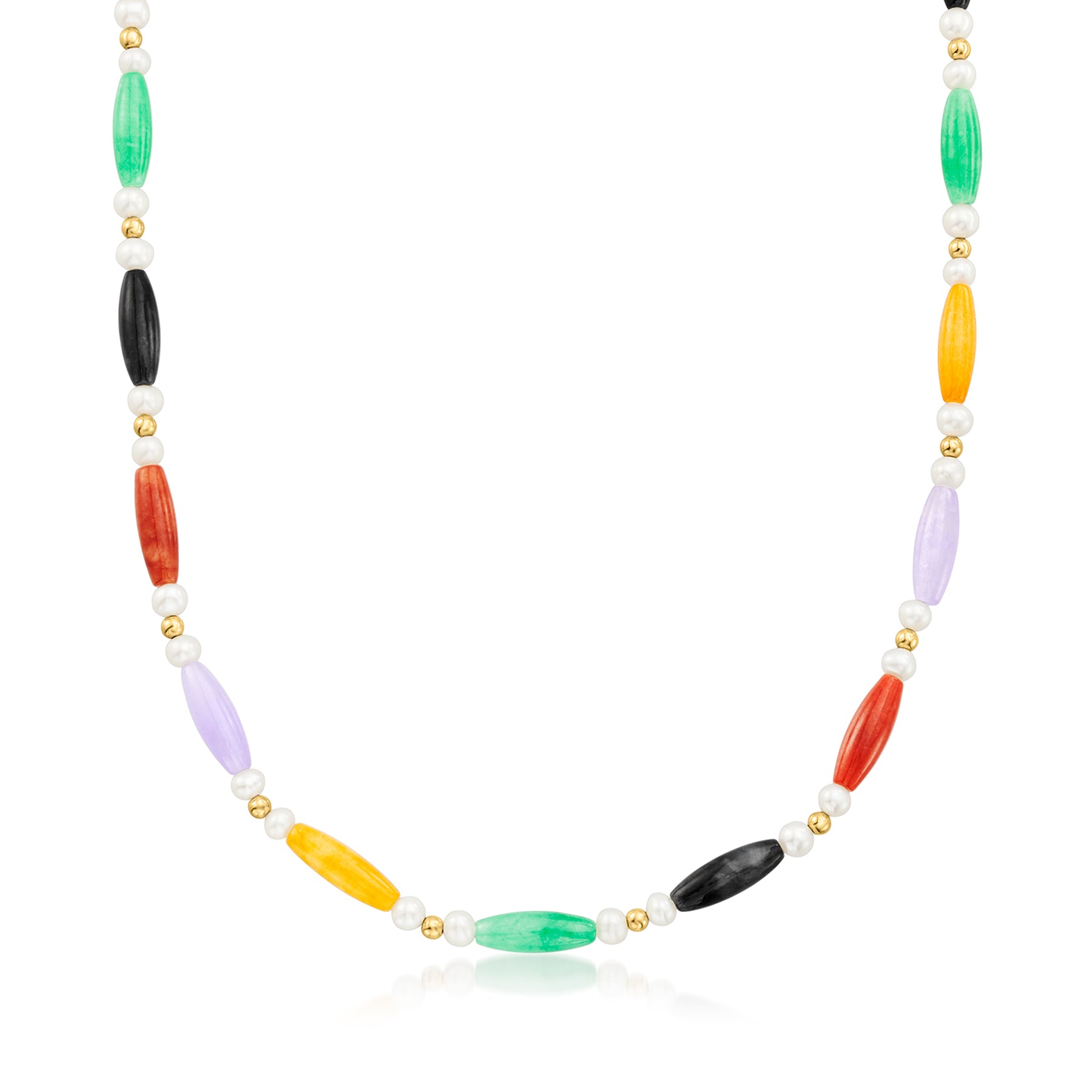 Ross-Simons 5x15mm Multicolored Jade Bead and 4-4.5mm Cultured Pearl Station Necklace With 14kt Yellow Gold