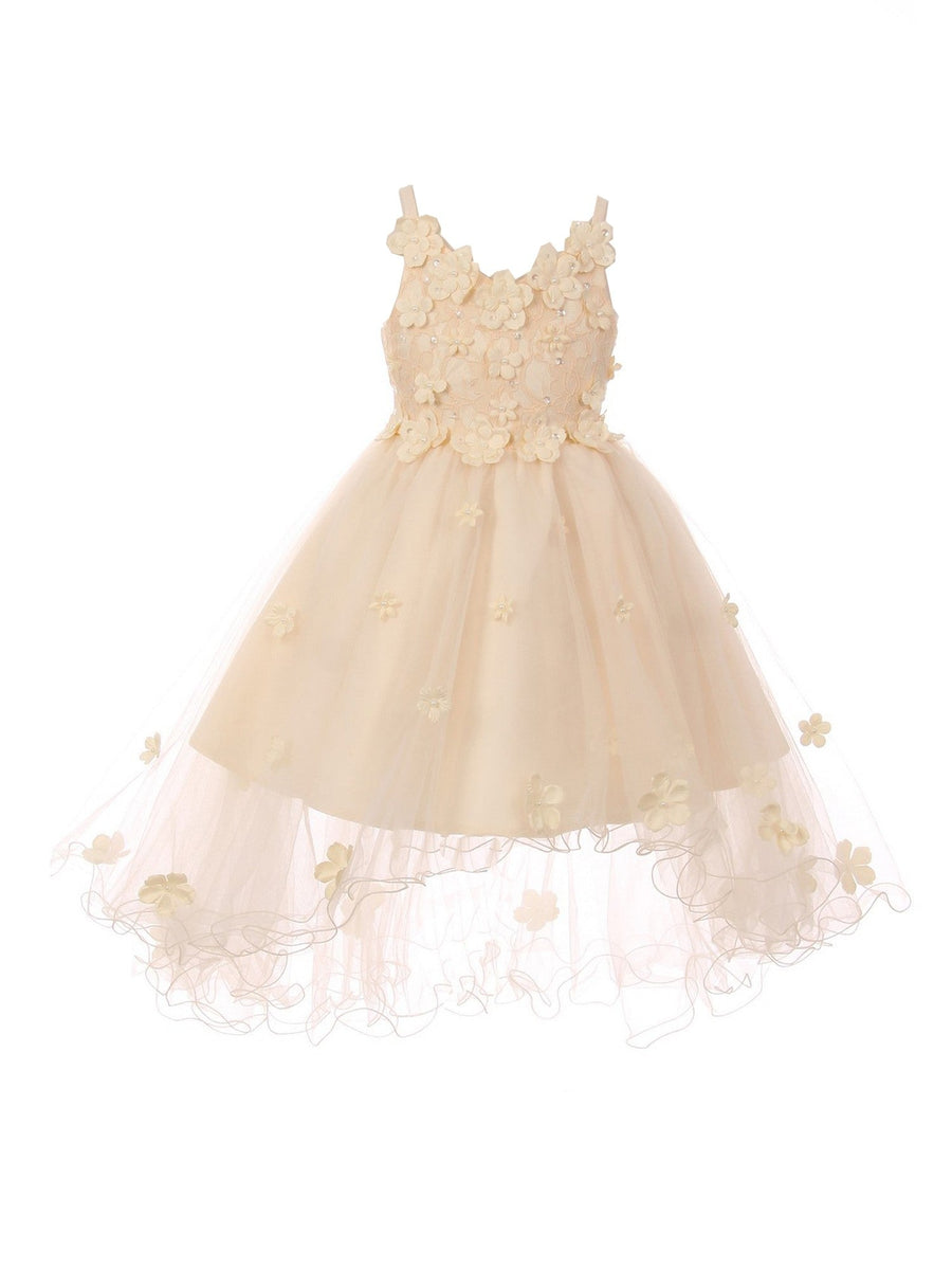 Little Girls Champagne 3D Floral Appliques Satin Tulle Flower Girl Dress 4