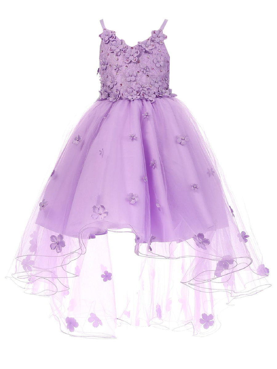 Girls Lilac 3D Flower Embedded High Low Tulle Junior Bridesmaid Dress 12