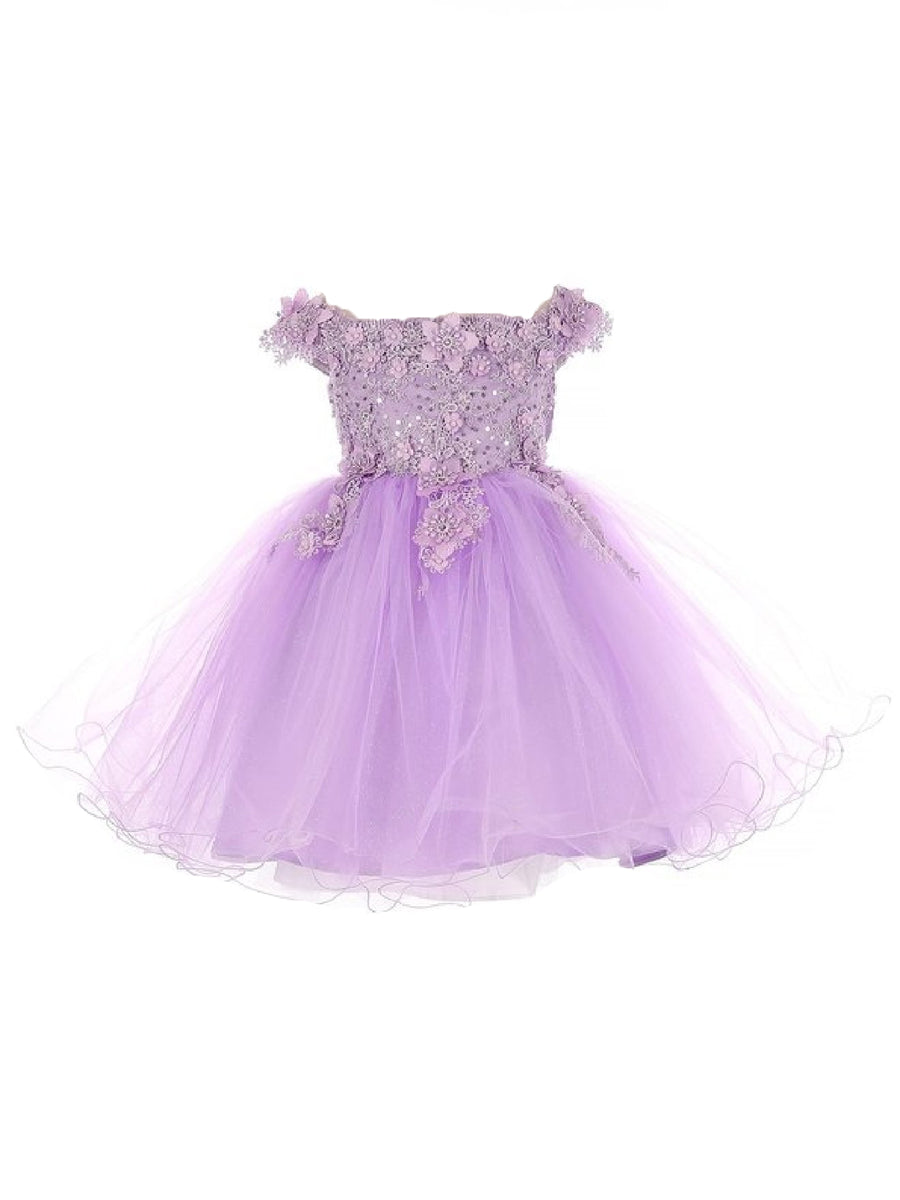 Baby Girls Dusty Rose 3D Floral Sequin Tulle OffShoulder Flower Girl Dress, Sizes 6-24M