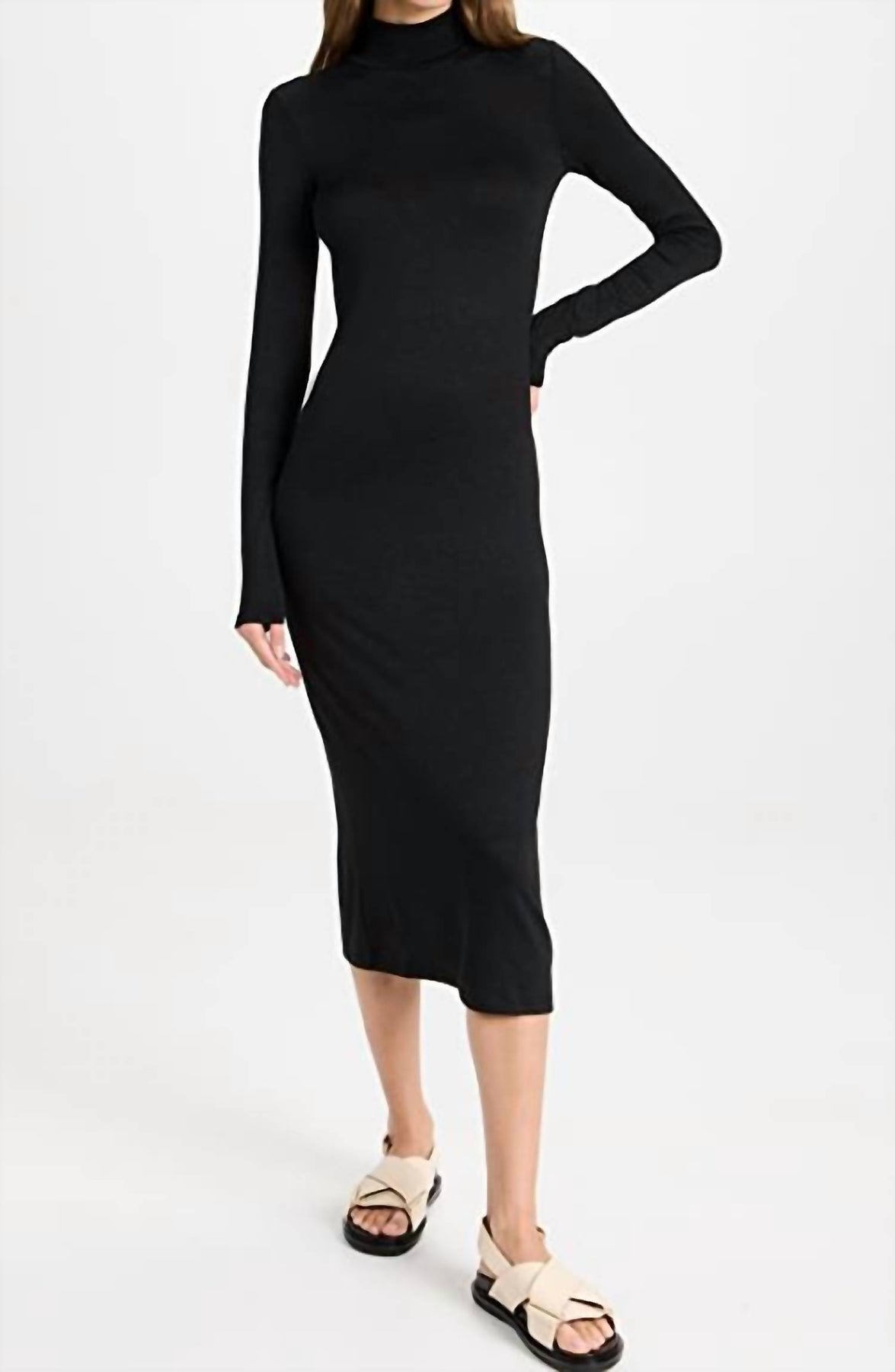Solid Turtle Neck Ribbed Knit Back Slit Midi Dress In Black